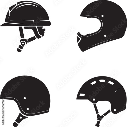 Set of Helmet Silhouettes in 2x2 Grid – Vector Icons of Safety, Motorcycle, Bicycle, and Sports Helmets on White Background