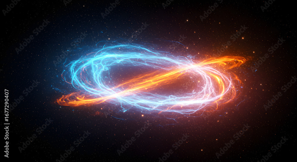 Fototapeta premium Energetic plasma ribbons interweaving in the depths of cosmic space against starlit black backdrop generating awe and