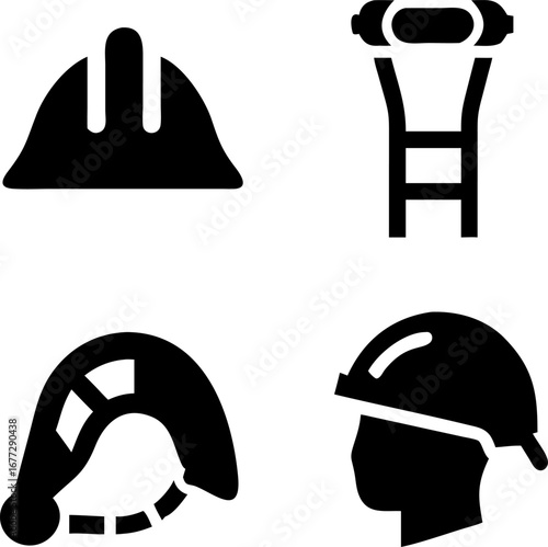 Essential safety gear icons for construction and industry professionals including helmets and harnesses