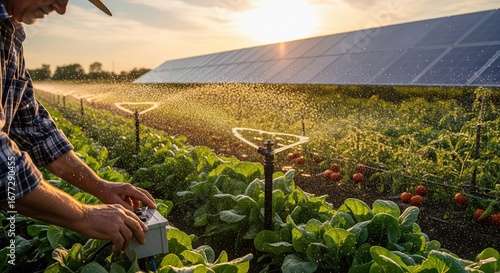 Farmer using a smart irrigation system in a field with solar panels at sunset