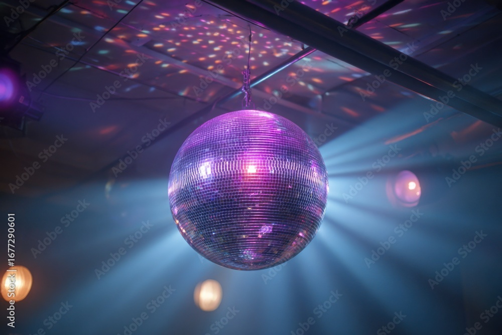 Fototapeta premium a large disco ball with purple lights on the ceiling 