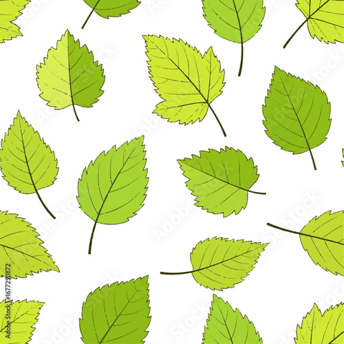 Vibrant green leaves form a refreshing seamless pattern, embodying the essence of spring's renewal and the lush beauty of nature's fresh embrace, ideal for cheerful organic designs