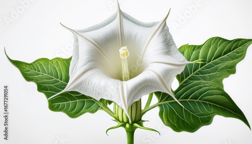 botanical illustration with medicinal plant datura with white flower drawing isolated on white background