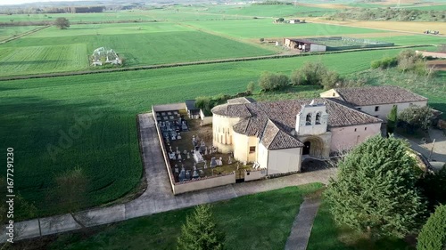 Aerial view of San Pelayo Romanesque Abbey and cemetery in Arenillas de San Pelayo
