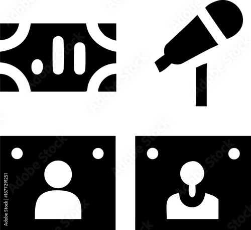 Business meeting icons featuring analytics, microphone, and video call participants for modern presentations and discussions.