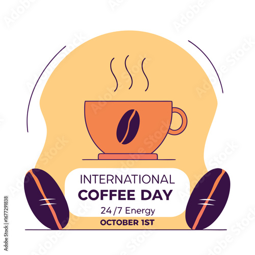 International Coffee Day illustration with a cup of coffee and coffee beans.