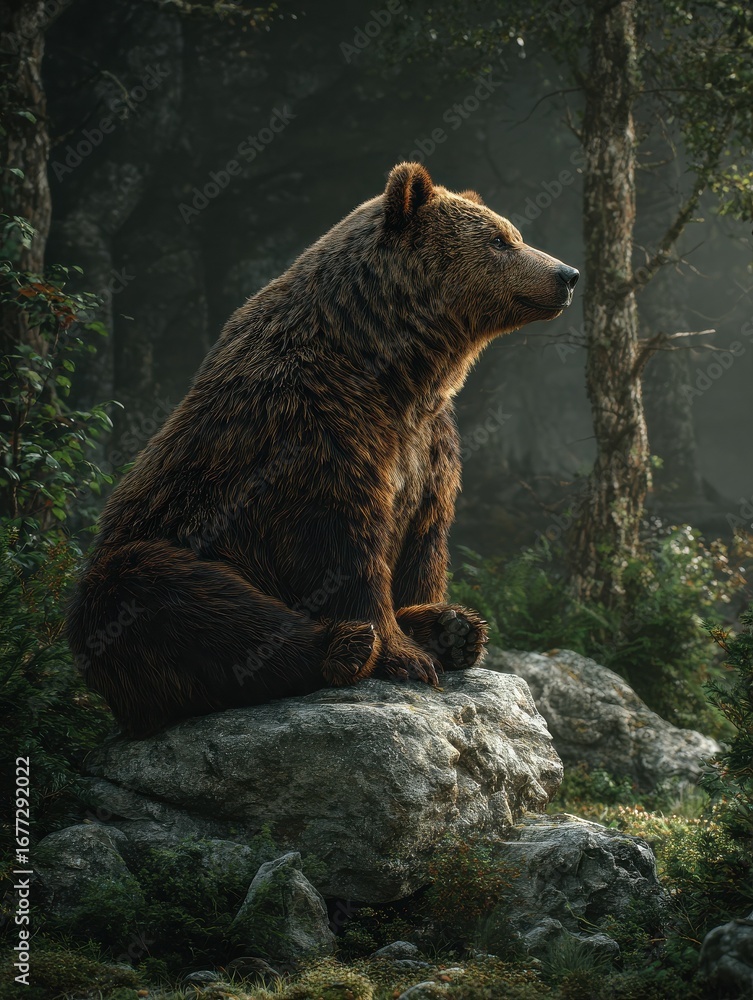 Fototapeta premium ursine brown bear perched on stone within dim woodland