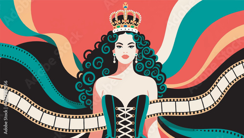 Curly-Haired Woman with Iconic Crown Design Template Illustration