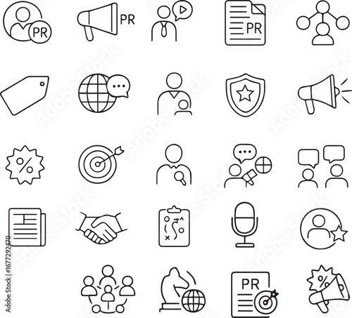 Public Relations Line Icon Set, Editable Vector Icons for PR, Media, Brand Management, Networking, Communication