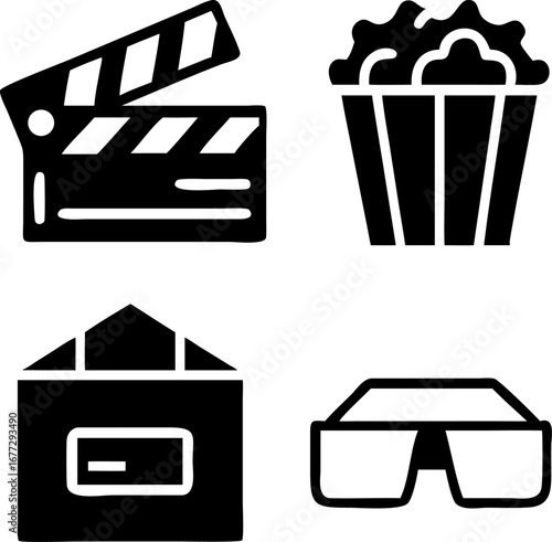 Movie night essentials: Clapperboard, popcorn, film reel, and 3D glasses ready for fun