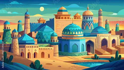 The ancient city of Bukhara in Uzbekistan glows under the desert sun, with turquoise domes and intricate madrasas reflecting centuries of Silk Road heritage, preserved in breathtaking architectural ha