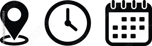 Essential Icons Location, Time, and Calendar - Simple Black Icons for Your Design Needs