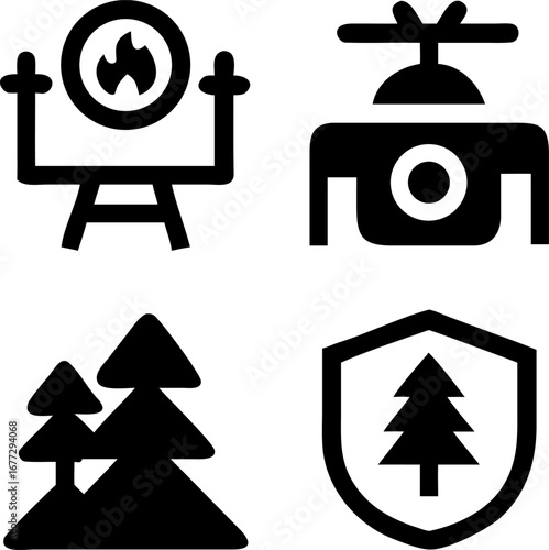 Campfire, Security Camera, Trees, and Shield with Tree Icons