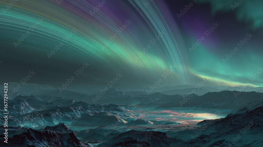 Naklejka premium Ethereal Aurora Borealis - Celestial Dance Over Frozen Landscape.