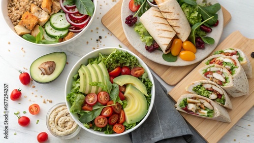 Colorful healthy lunches with fresh salads and wraps served on a wooden table in a bright, inviting kitchen