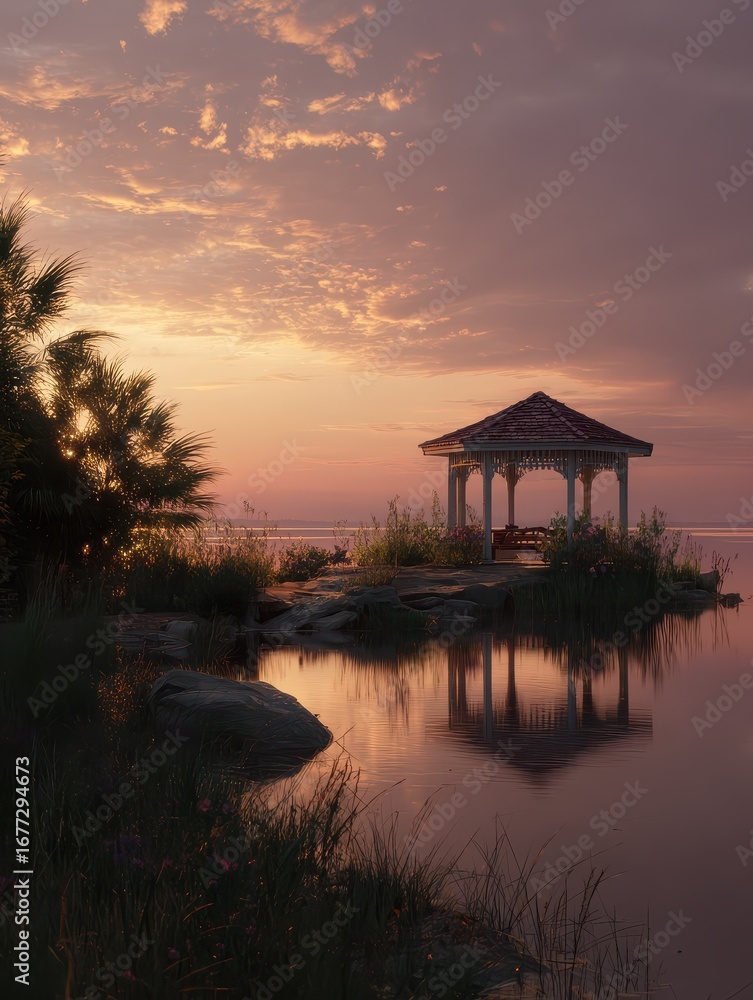 Fototapeta premium sunset lake pavilion