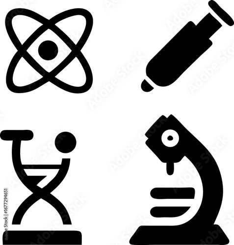Explore scientific discovery with atom, DNA, beaker, and microscope icons representing innovation and research.