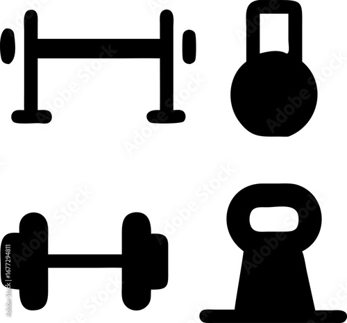 Dynamic fitness icons showcase strength training equipment like dumbbells and kettlebells for active lifestyles