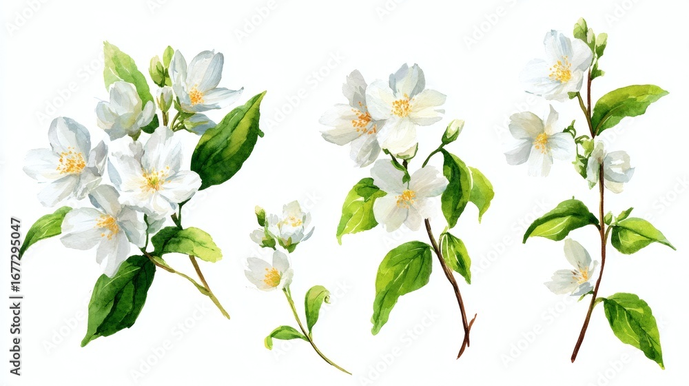 Fototapeta premium A collection of watercolor illustrations of white jasmine flowers and leaves, showcasing various stages of bloom and arrangement