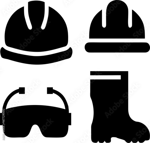 Essential safety gear icons hard hat goggles and boot for construction work and industrial protection