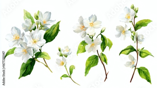 A collection of watercolor illustrations of white jasmine flowers and leaves, showcasing various stages of bloom and arrangement