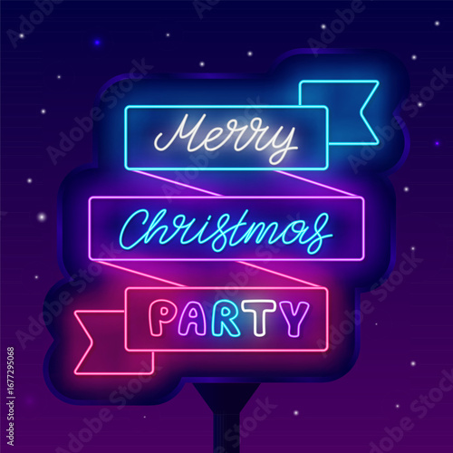 Merry Christmas party neon street billboard. Ribbon frame. Colorful advertising with tape. Vector stock illustration