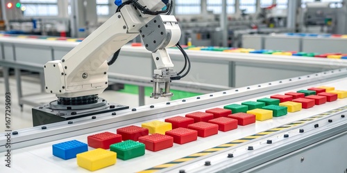 Robot arm efficiently sorts colorful cubes on a bustling assembly line in a modern manufacturing facility