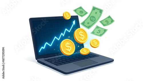 Wallpaper Mural Laptop Displaying Glowing Financial Graph with Money Flowing Out on White Background
 Torontodigital.ca