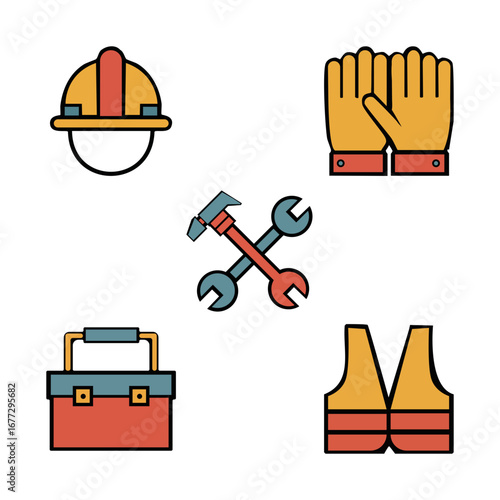 A colorful flat design icon set representing construction industry safety equipment and essential work tools