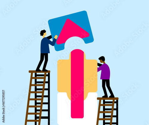 Arrow puzzle block arranging together, teamwork partnership illustration