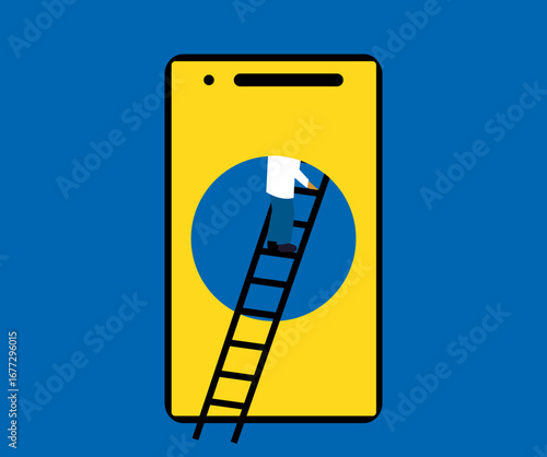 Man entering smartphone with stairs, smartphone addiction illustration