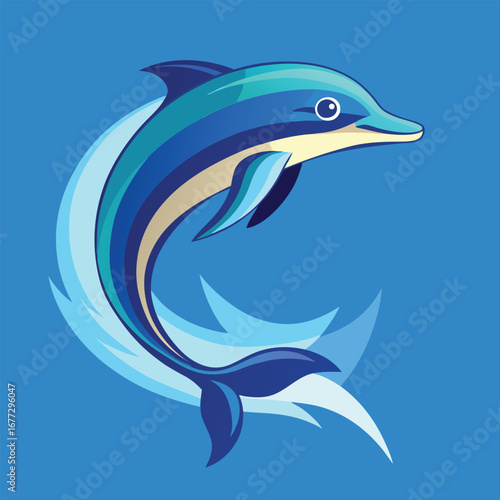 Stylized Dolphin Jumping Out of Water with Blue Swirls leaping ocean