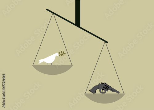 Dove with leaf and gun in balance scale, peace weigh higher than gun power illustration