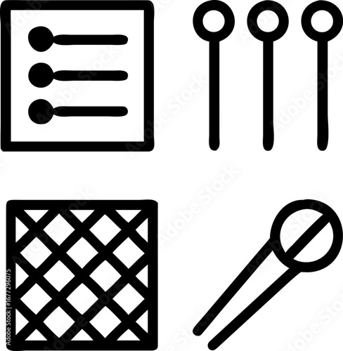 Simple icons set for design projects representing lists, pins, grids, and microphones for creative projects