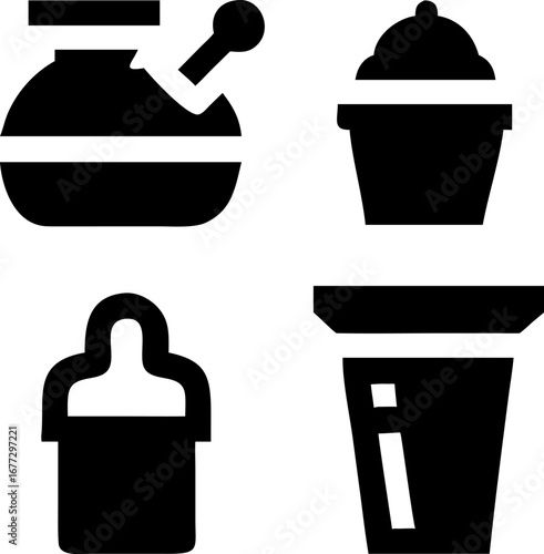 Set of four black icons representing a bong, cupcake, baby bottle, and a drink cup