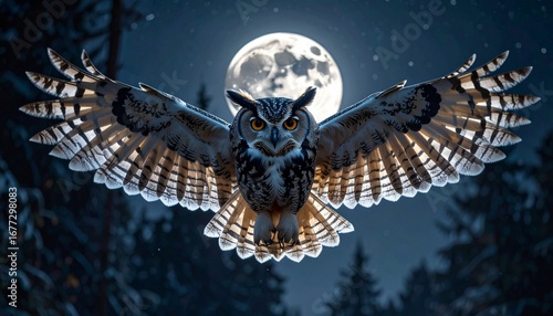 A majestic great horned owl with its wings spread wide, soaring through the night sky under a luminous full moon.