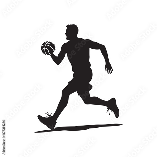 a black icon silhouette of a basketball player dunking on a basket isolated on white