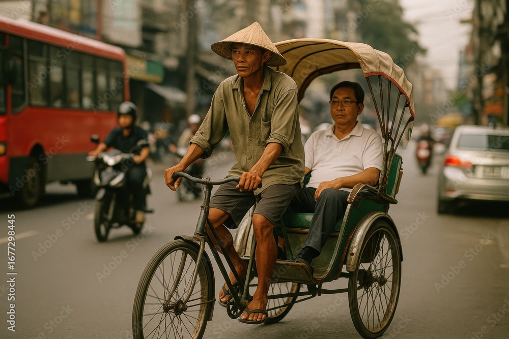 Obraz premium A traditional rickshaw puller wearing a conical hat pedals through a bustling street, carrying an older man under a worn canopy 