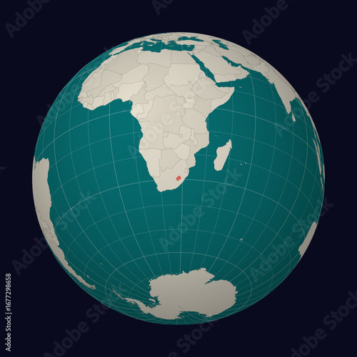 Kingdom of Lesotho on the map. Globe centered to Lesotho. Country location on the world map. Teal Pale Mint color palette. Globe with countries, meridians and parallels.