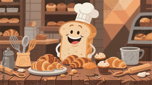 Smiling Bread Character Making Croissant and Muffin Design Template