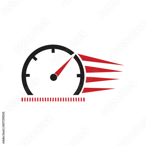 Black speedometer with red arrow and motion lines on white background gauge dial