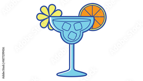 Blue margarita with orange slice and yellow flower garnish