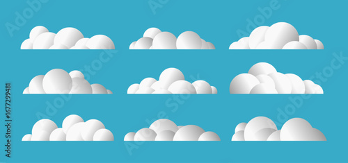 Set of 3D white clouds on a bright blue background. Modern cloud collection design features nine fluffy, rounded, soft-looking cloud shapes, for digital projects, weather icons, cartoon graphics
