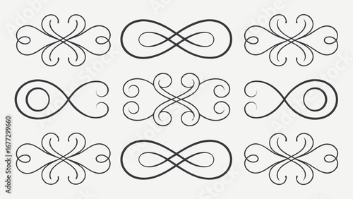 Collection of nine black thin line calligraphic ornaments