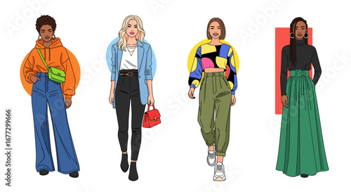 This vibrant illustration features four diverse young women, each confidently showcasing unique contemporary fashion trends through their colorful and modern clothing.