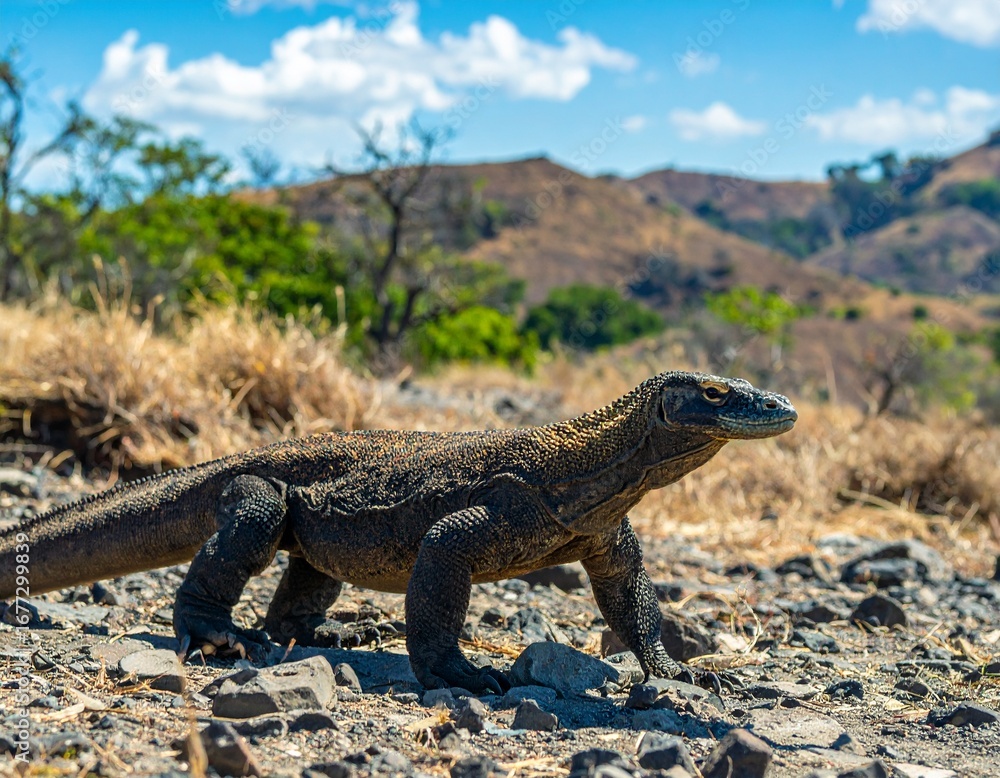 Fototapeta premium A large Komodo dragon walks across rocky terrain under a bright blue sky with dry hills in the background on a sunny day.