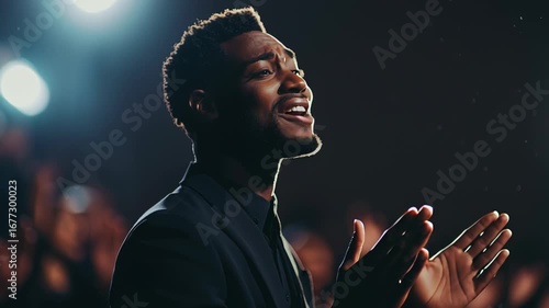 Wallpaper Mural Black Christian gospel singer clapping passionately during a church service, with a dynamic choir singing in unison and raising their hands in praise to Jesus Christ Torontodigital.ca