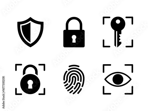 Digital Security and Authentication Icons — Shield Padlock Fingerprint Key Eye Scan