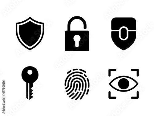 Digital Security and Authentication Icons — Shield Padlock Fingerprint Key Eye Scan