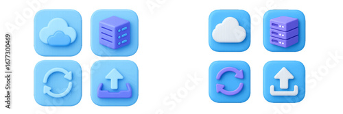Cloud data storage and synchronization icons for digital applications. Modern 3D Icon Set